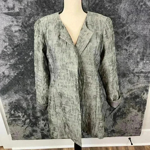Eileen Fisher Rye Mirage Crinkle Jacquard Silk Cotton Blend Blazer Jacket Sz M - Picture 1 of 13